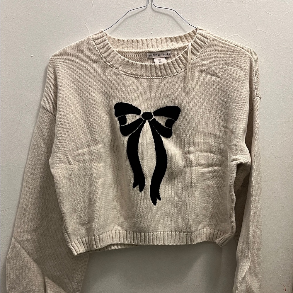 Cream Sweater with Black Bow
